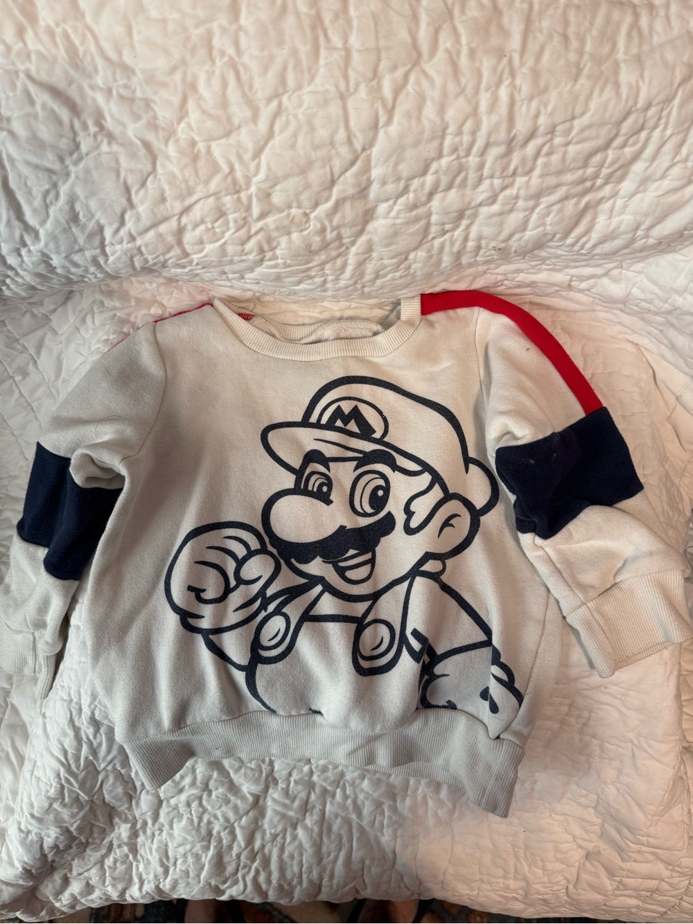Kids White Sweatshirt with Navy Character Print and Red Shoulder Stripe